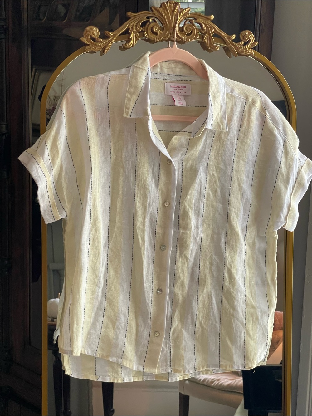 Isaac Mizrahi 100% Linen Short Sleeve Yellow and Blue Striped Button-Up Shirt